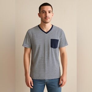 Psycho Bunny Striped Pocket T Shirt Blue and White Size L